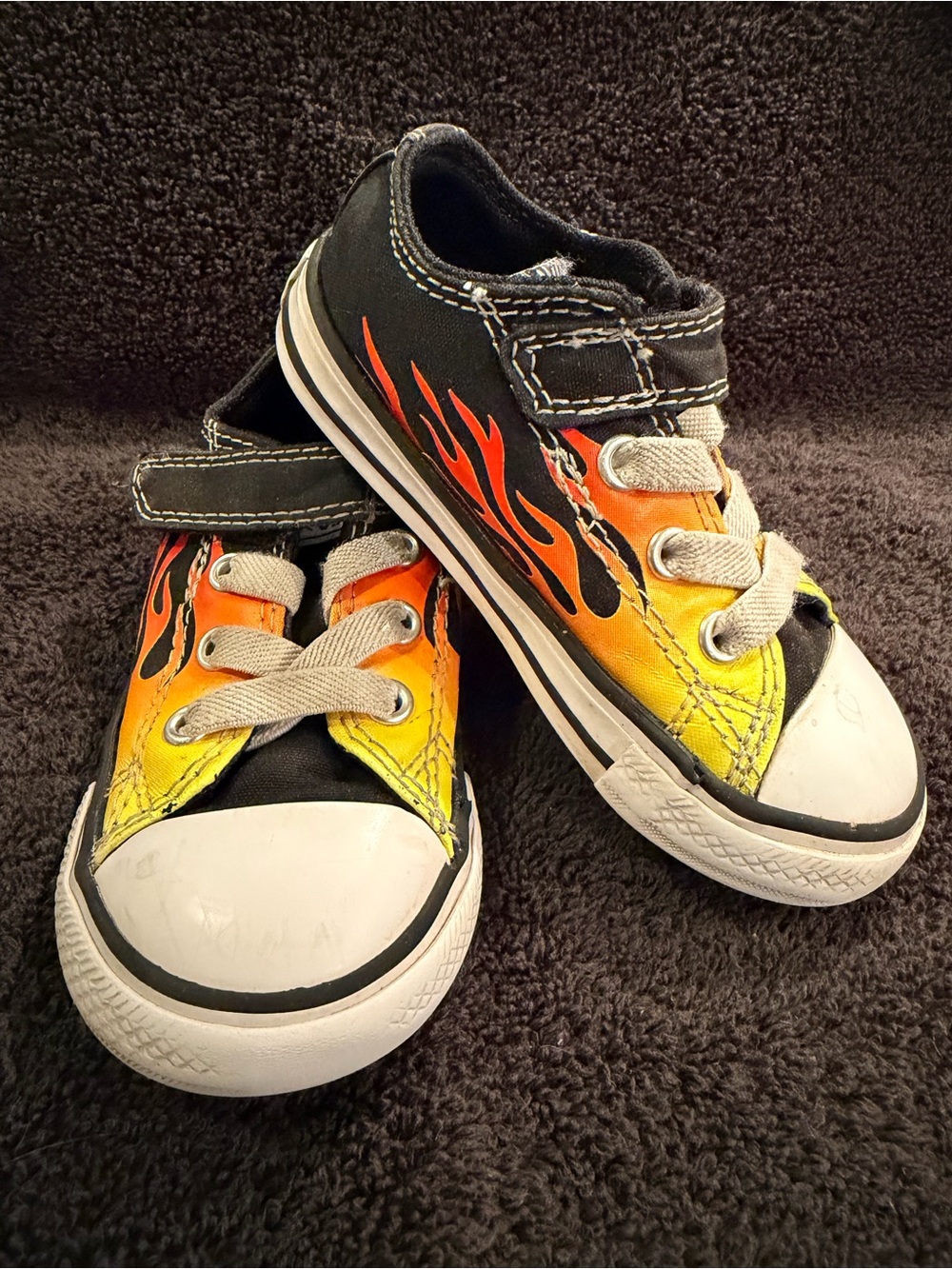 Converse Kids Black Canvas Sneakers with Orange and Yellow Flame Accent